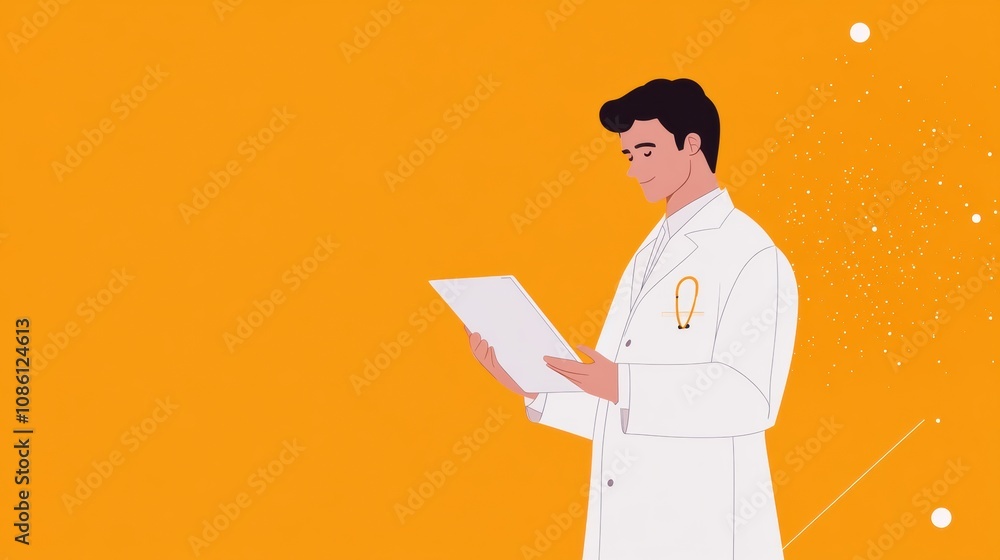 Aufkleber A doctor in a white coat stands while examining patient notes in a bright and vibrant office atmosphere. Generative AI