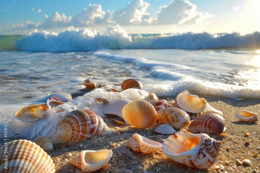 Poster colorful seashells scattered along a sandy beach at sunset with gentle waves lapping the shore and a