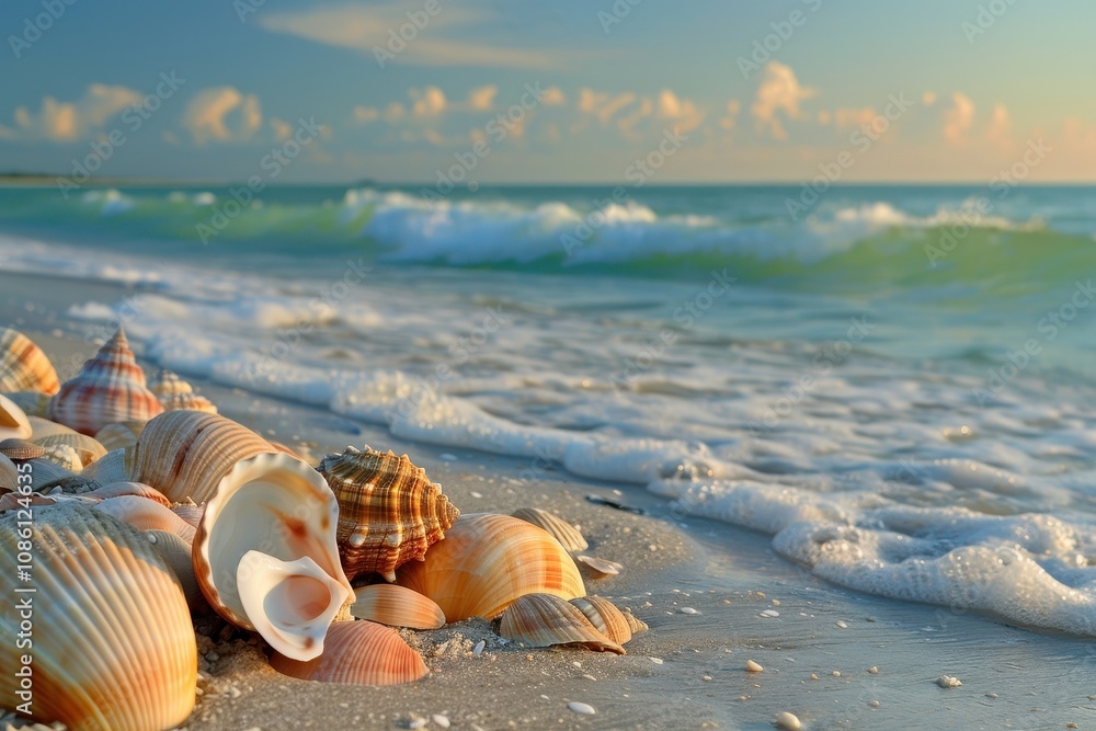 Poster colorful seashells scattered along a sandy beach at sunset with gentle waves lapping the shore and a