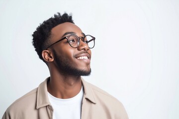 Happy smiling young adult African American man wearing luxury stylish eyeglasses looking away isolated on white background. advertising glasses or optics store promotion.