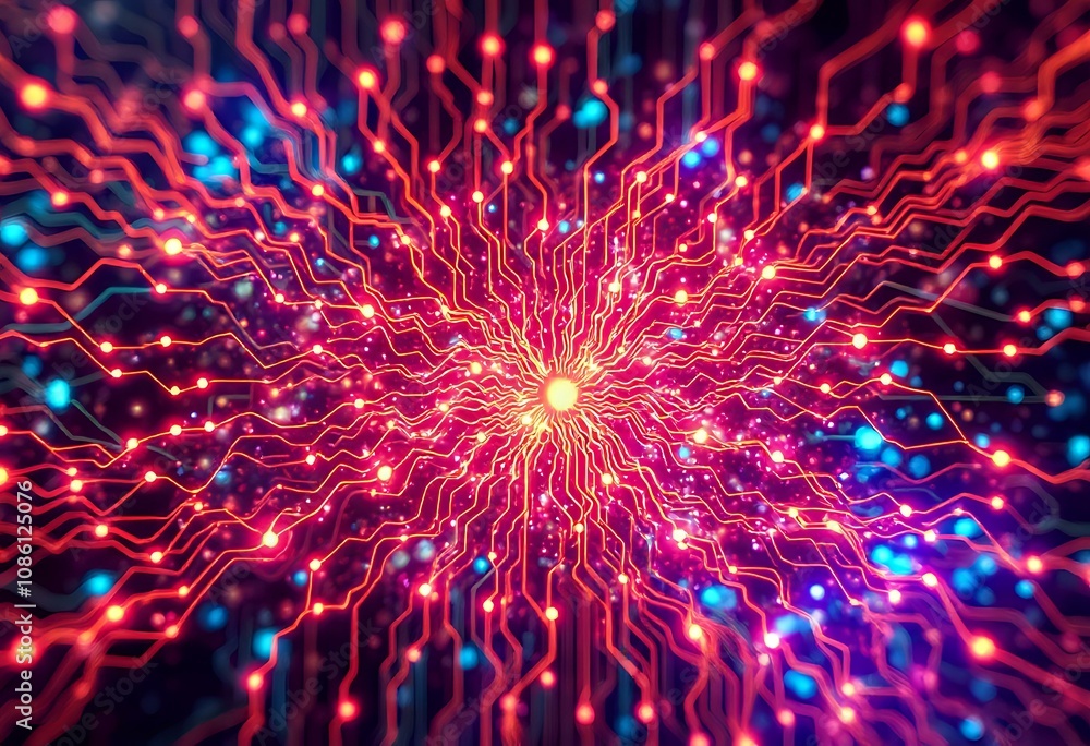Poster cybernetic neural network art - glowing abstract design with yellow center