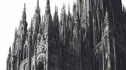 A towering gothic cathedral with soaring spires and detailed stone carvings, representing the awe-inspiring grandeur of sacred architecture. Celestial Gothic. Illustration