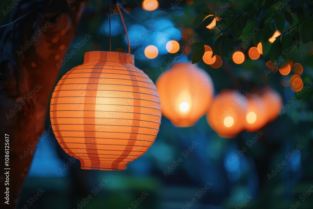Poster beautifully illuminated lanterns glowing along a serene pathway in a tranquil garden during twilight