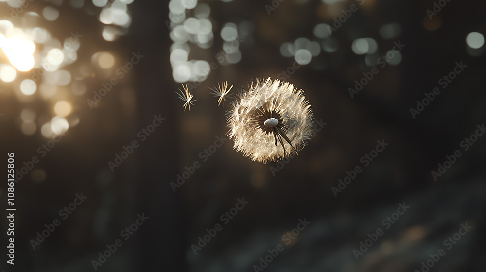 Poster a single dandelion seed floats gracefully in the air, illuminated by soft backlighting in a serene n