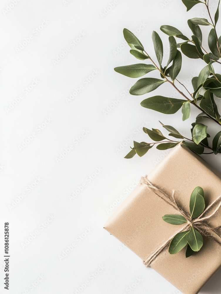 Poster a beautifully wrapped gift in natural paper sits next to green foliage, creating a serene and minima