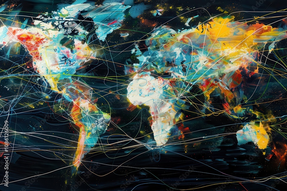 Poster a colorful world map showcasing global connections with vibrant lines representing trade routes and 