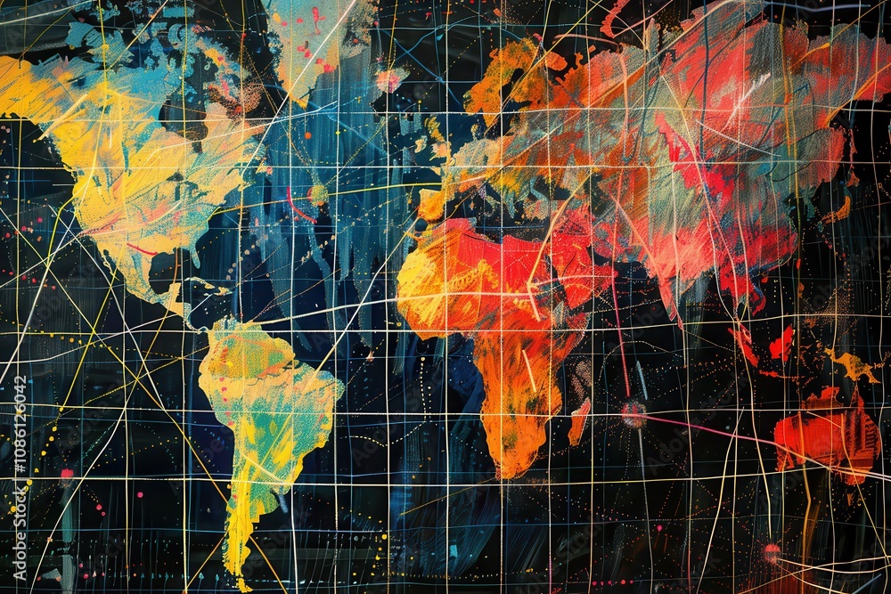 Poster a colorful world map showcasing global connections with vibrant lines representing trade routes and 