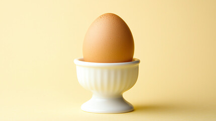 A single brown egg resting in a charming white egg cup on a soft pastel yellow background inviting a breakfast setting