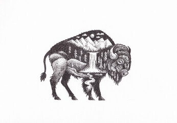 Black and white pen and ink drawing of a bison, composed of different nature elements