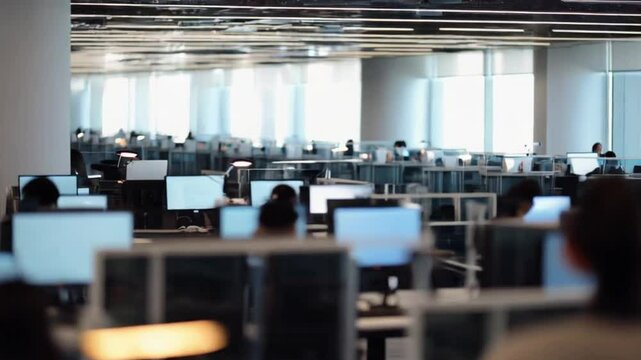 modern business office with blurred people and a bokeh background, showcasing an open space interior or call center environment.