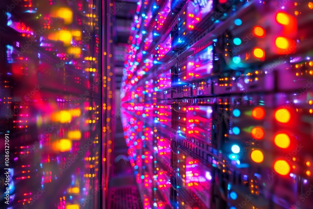 Poster brightly lit server room with vibrant led lights showcasing advanced technology during nighttime ope