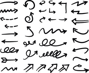 Collection of hand drawn arrows. Set of simple doodle arrows isolated on white background. 