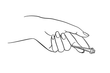 Outline of a well manicured hand holding nail clippers to trim nails vector illustration