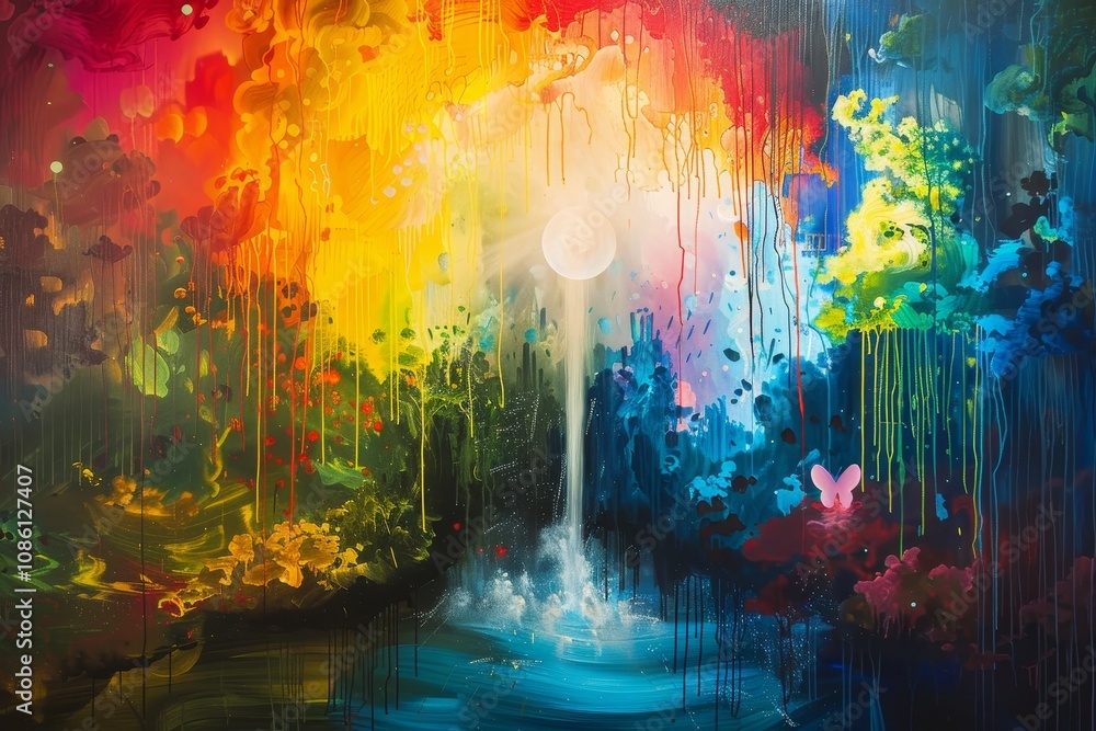 Poster colorful abstract portrait of a woman's face surrounded by swirling patterns and vibrant hues, creat