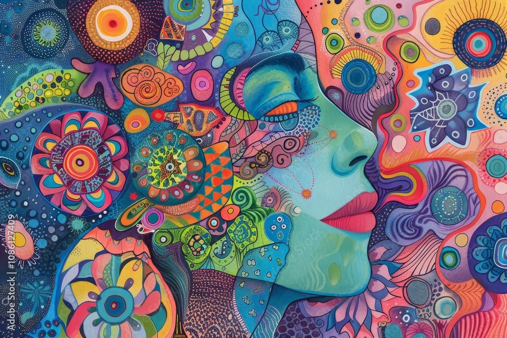 Poster colorful abstract portrait of a woman's face surrounded by swirling patterns and vibrant hues, creat