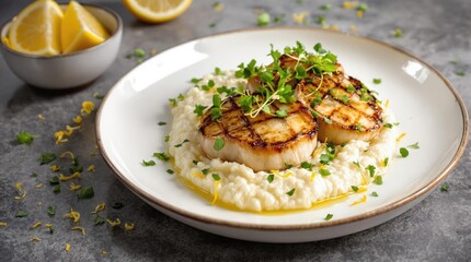 King Oyster Mushroom Scallops With Cauliflower Purée, Food Menu Photography