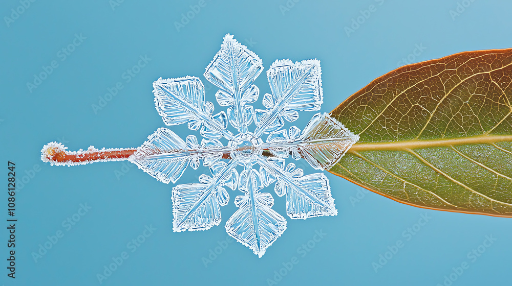 Poster intricate snowflake resting on a green leaf showcasing frozen ice details during a winter day in a s
