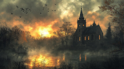 Fototapeta premium A gothic church stands beside the misty lake, its spire reaching towards an ominous sky filled with dark clouds and silhouettes of birds flying overhead.