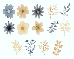 hand drawn of navy and gold flowers and leaves