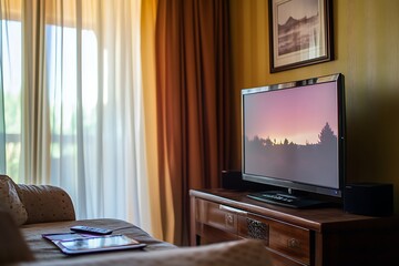 Flat screen TV in living room with sunset view