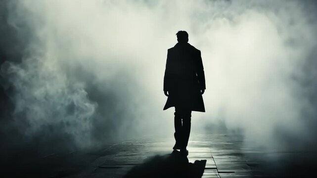 Mysterious figure walking through dense fog in an urban landscape