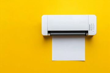 Overhead View of a Printer and Blank Paper on a Bright Yellow Background, Representing a Creative Workspace-