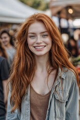 Obraz premium Woman with red hair in front of a market