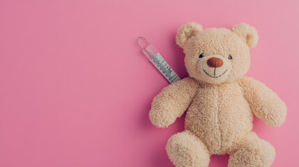 "Caring Comfort: Toy Bear and Thermometer on Pink Background"