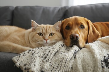 Golden retriever and british shorthair cat relaxing on sofa