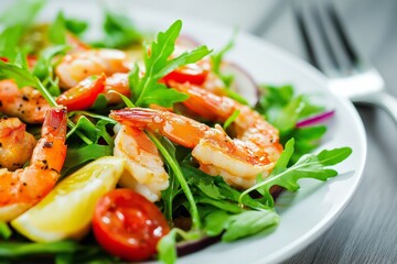 Delicious grilled shrimp salad with arugula, lemon, and tomatoes