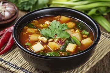 Hot spicy vegetable soup with potatoes, spinach, and peanuts garnished with parsley