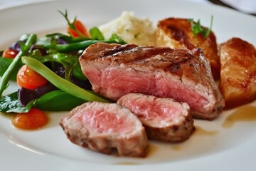 Fototapeta premium Sliced grilled steak with potatoes and salad on white plate
