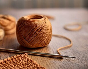 A needle lies next to a ball of yarn, leaving space for advertising, perfect for themes related to crocheting, sewing, and knitting.