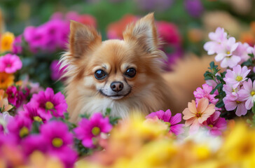 Adorable long haired chihuahua relaxing in colorful flower bed