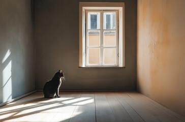 Curious cat sitting in empty room with window light