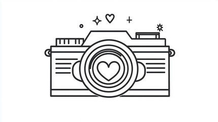 A black and white illustration of a camera with a heart at its center