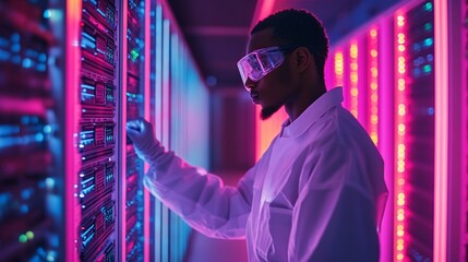 Technician in server room checking equipment.