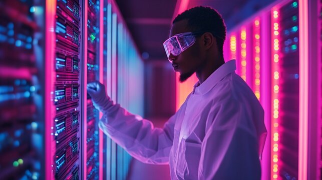 Technician in server room checking equipment.