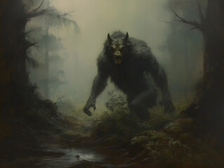 A werewolf howling at night in the middle of a misty forest during halloween