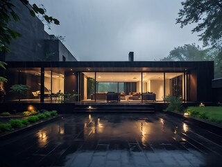 Fototapeta premium Modern House with Glass Walls in the Rain