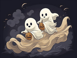 Cute Halloween background with two ghosts with pumpkins, flying together on a ghostly carnival ride. 