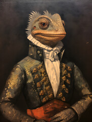 A whimsical historical portrait of a Lizard wearing human renaissance style clothing