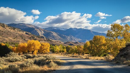 Fototapeta premium Autumn landscape with a dirt road through a valley. Scenic view of fall foliage and mountains.