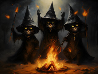 A trio of witchy black cats with witch hats do a ritual around a bonfire during Halloween