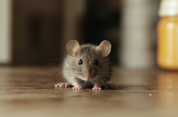 Small mouse sitting on wooden table top