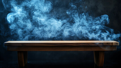 Wooden Table with Smoke Effects on a Dimly Lit Background. Bring depth to your design with an empty wooden table and floating smoke on a dark, dramatic background. 
