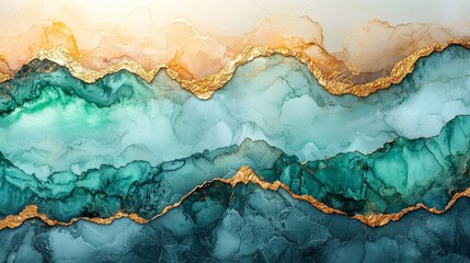 Abstract design featuring fluid shapes in teal, gold, and soft pastel tones.