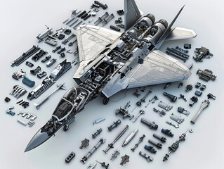 Obraz premium Dismantlement diagram of Fighter Jet, the Fighter Jet is in the middle of the picture, and Fighter Jet parts are neatly placed around it, realistic, high-definition, high quality, 8k