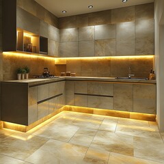Modern kitchen design featuring stylish cabinetry and ambient lighting accentuating the tiles