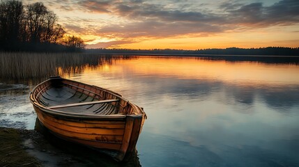Obraz premium Wooden Rowboat at Sunset Lake